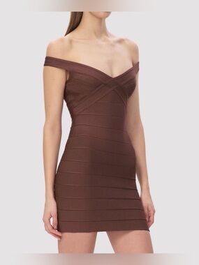 Hervé Léger The Rachel Off Shoulder Bandage Mini Dress Coffee Brown NWT Medium